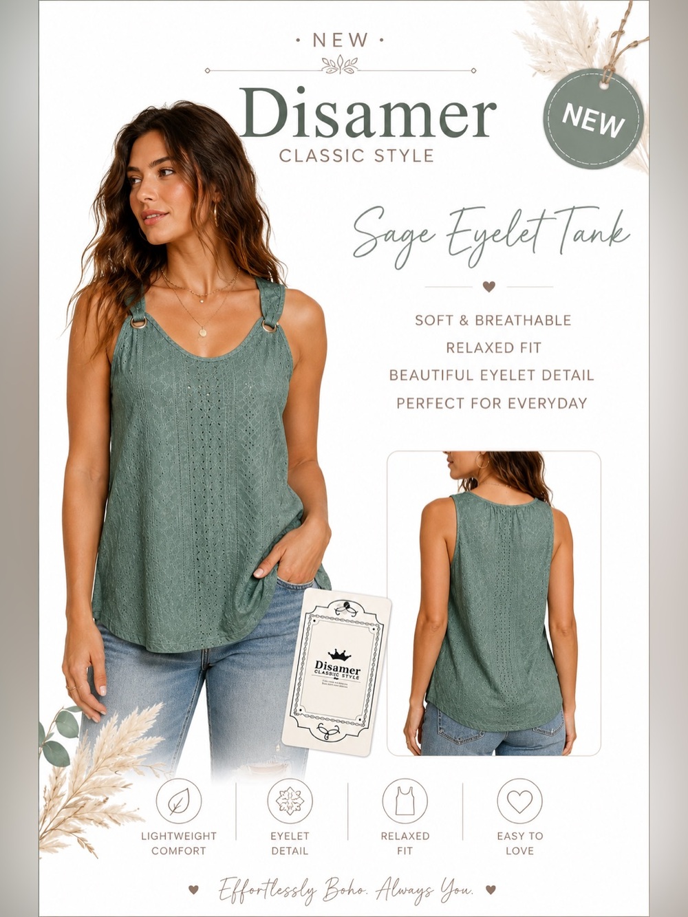 Disamer Sage Green Eyelet Tank Top NWT Boho Sleeveless Relaxed Fit Large
